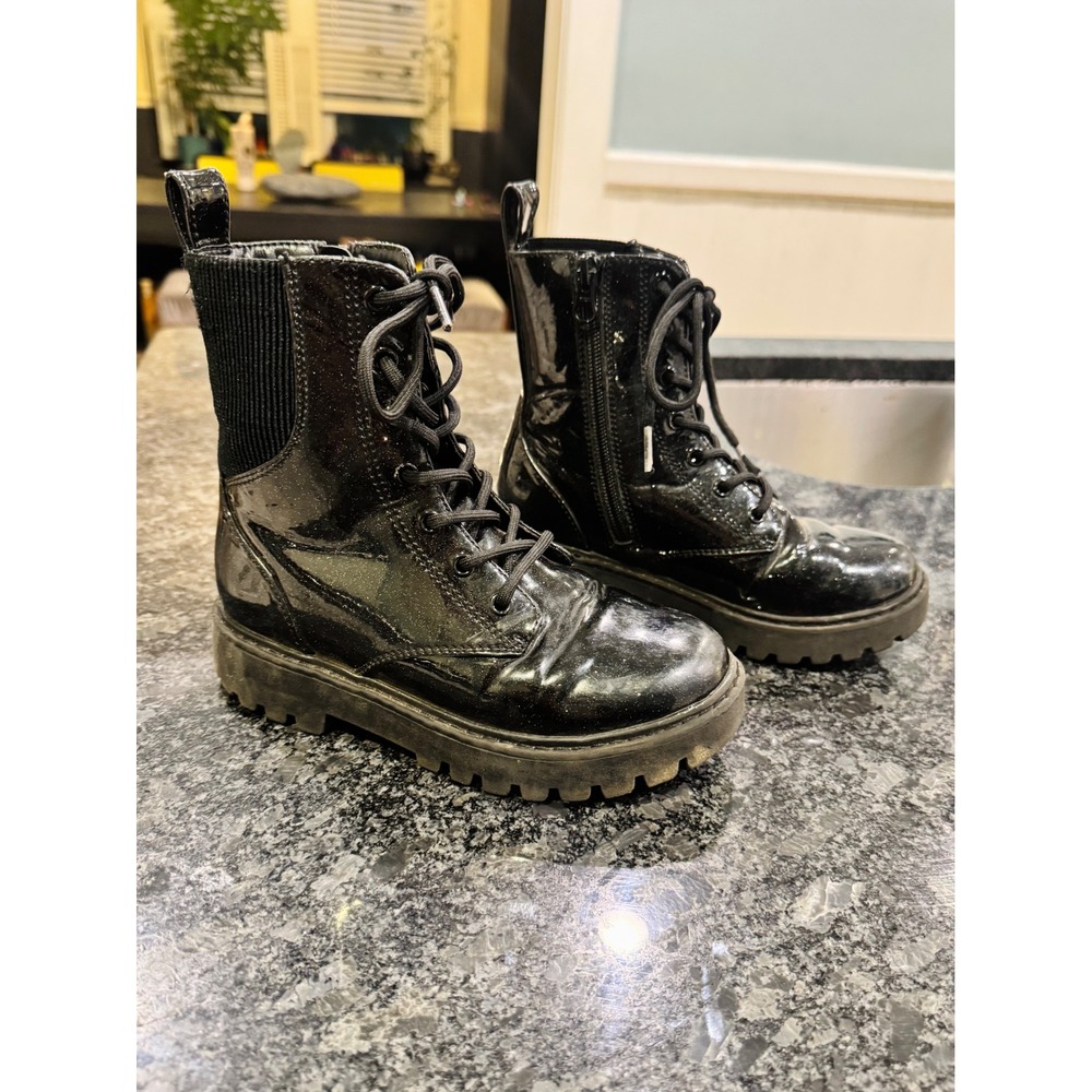 Girls Size 1 Black Patent Combat Boots Glitter Lace Up Side Zip Chunky Sole